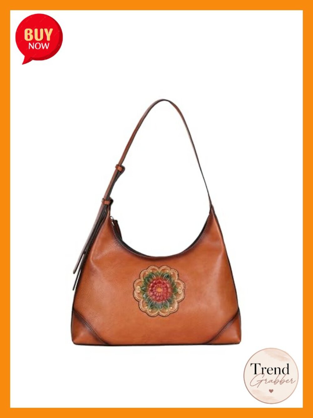 Genuine Leather Hobo Shoulder Bag, Embossed Floral, Large Tote